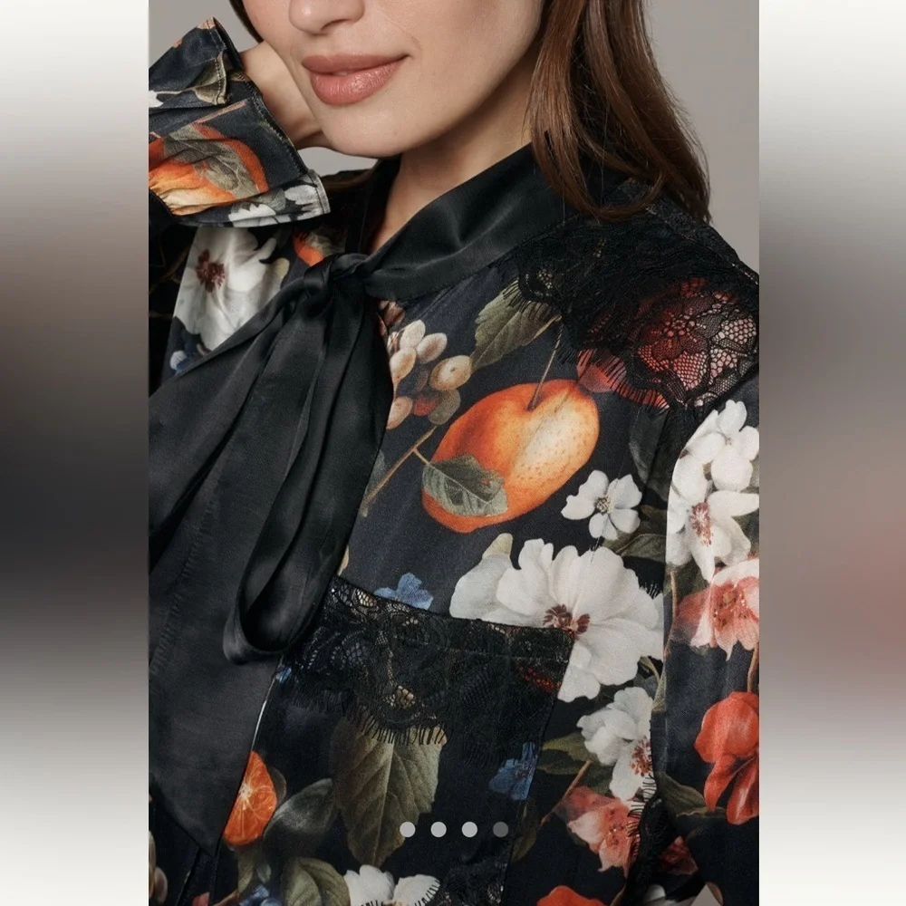 🍀RARE🍀 Anthropologie NWT Maeve Long-Sleeve Lace Silky Tie-Neck Blouse size M. - Picture 7 of 13